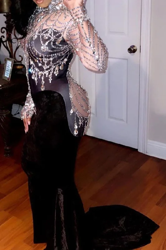Rhinestone Glamorous See-Through Maxi Dress Stylish Boho Maxi Dress