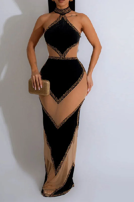 Rhinestone Patchwork Kitsch See-Through Maxi Dress Stylish Empire Waist Maxi Dress