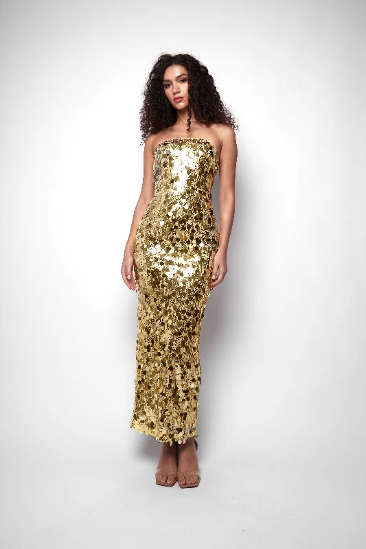 Riya Maxi Dress in Gold Disc Sequin - Strapless Comfortable Ruffle Hem Maxi Dress