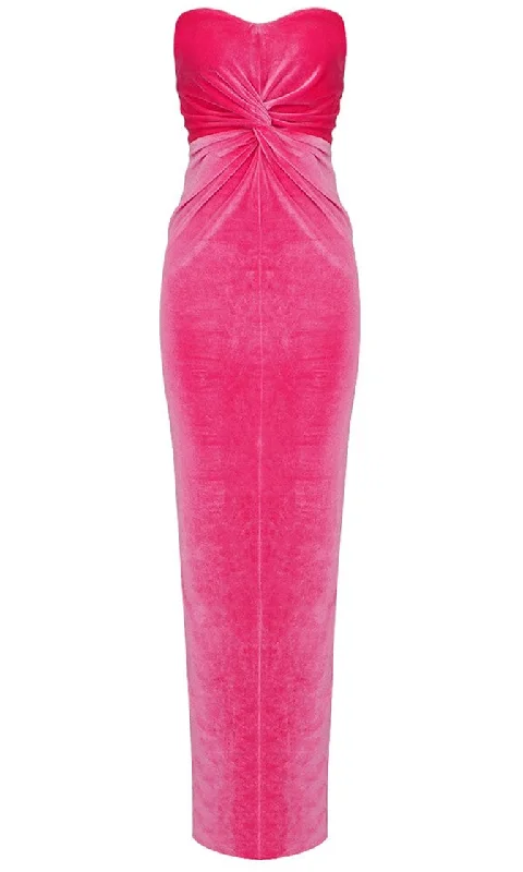 Rose Blossom <br><span>Pink Velvet Strapless Sweetheart Neck Twist Knot Back Slit Column Maxi Dress</span> Fashionable Open-Back Maxi Dress Rose Blossom <br><span>Pink Velvet Strapless Sweetheart Neck Twist Knot Back Slit Column Maxi Dress</span> Fashionable Open-Back Maxi Dress
