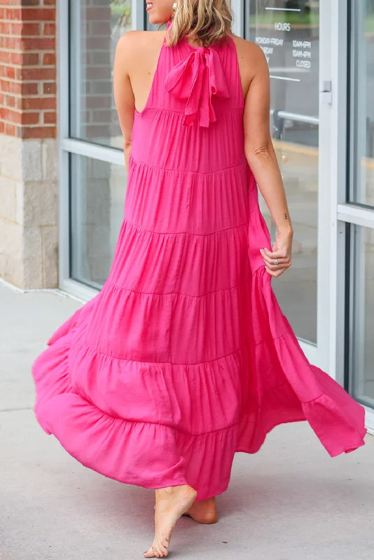 Rose Red High Frilled Neck Tiered Sleeveless Maxi Dress Trendy Maxi Dress with Lace