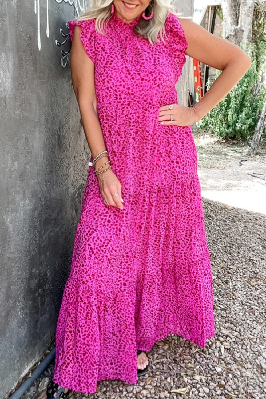 Rose Red Leopard Print Ruffled Trim Tiered Maxi Dress Stylish Maxi Dress with Pleats Rose Red Leopard Print Ruffled Trim Tiered Maxi Dress Stylish Maxi Dress with Pleats