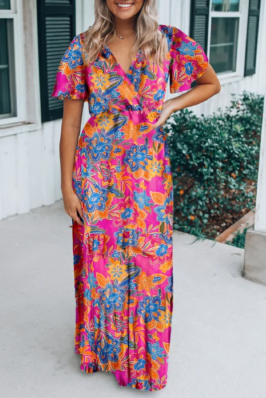 Rose Wrap V Neck Floral Maxi Dress Elegant Maxi Dress with Pockets
