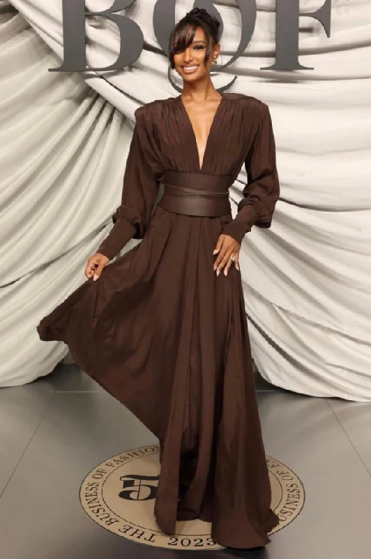 Rosey Tan Maxi Dress With Waist Belt Elegant Maxi Dress with Lace