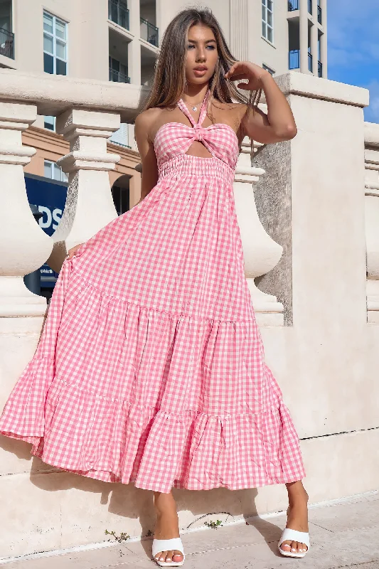 Saffron Maxi Dress - Pink Gingham Print Elegant Maxi Dress with Lace