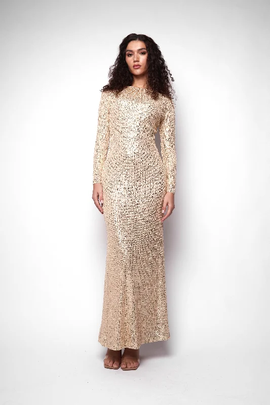 Samman Maxi Dress in Gold Sequin Elegant Lace-Up Maxi Dress