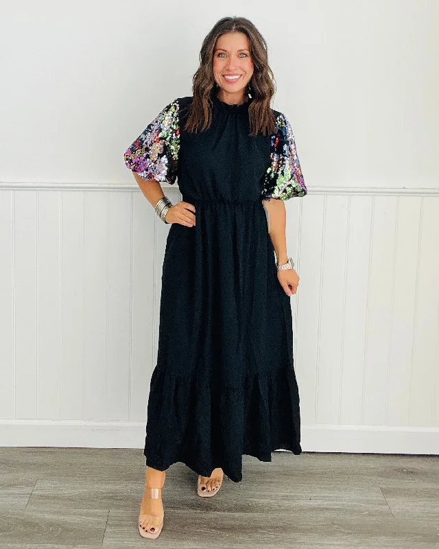 Sequin Sleeve Maxi Dress (Reg & Plus) Fashionable Chiffon Maxi Dress