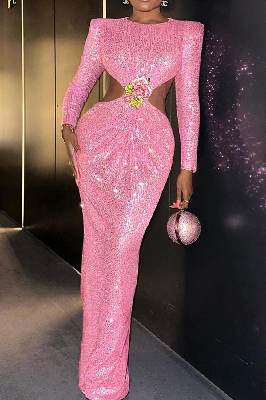 Sequined Glamorous Cutout Waist 3D Flower Buckle Maxi Dress Classic Tulle Maxi Dress Sequined Glamorous Cutout Waist 3D Flower Buckle Maxi Dress Classic Tulle Maxi Dress