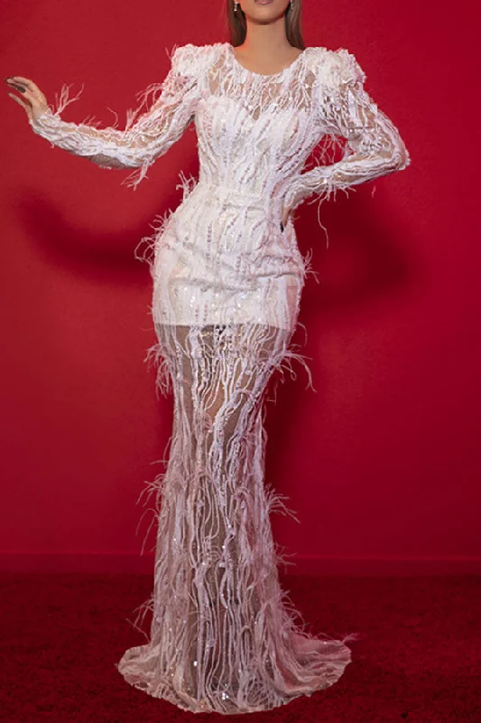 Sequined Glamorous Fluffy See-Through Fishtail Maxi Dress Comfortable Pleated Maxi Dress