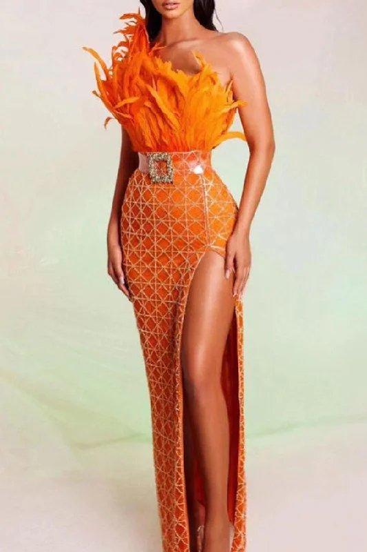Sequined Modern Fluffy High Split Bandeau Maxi Dress Comfortable Maxi Dress with Sleeves