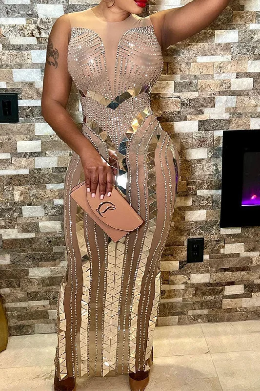 Sequined & Rhinestone Luxe See-Through Maxi Dress Elegant Pleated Maxi Dress