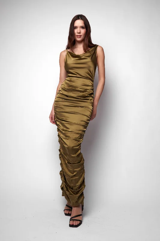 Sessy Ruched Olive Cowl Maxi Dress Cozy Open-Back Maxi Dress