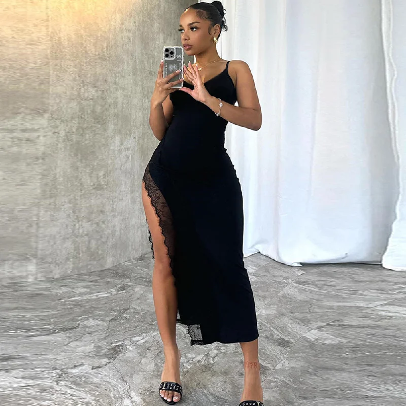Sexy Slim Fit Side Slit Laced Party Maxi Dress Stylish Maxi Dress with Frills