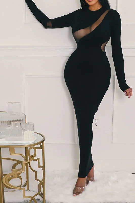 Sheer Mesh Patchwork Simple Bodycon Maxi Dress Cozy Ribbed Maxi Dress