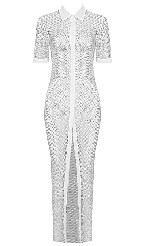 Sheer Seduction <br><span>Silver Sparkle Mesh Short Sleeve Collar Snap Front Maxi Dress</span> Fashionable Open-Back Maxi Dress Sheer Seduction <br><span>Silver Sparkle Mesh Short Sleeve Collar Snap Front Maxi Dress</span> Fashionable Open-Back Maxi Dress