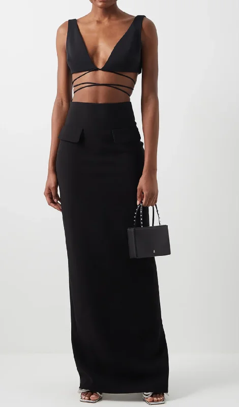 SLEEVELESS DEEP V-NECK BANDAGE MAXI DRESS Trendy Satin Maxi Dress