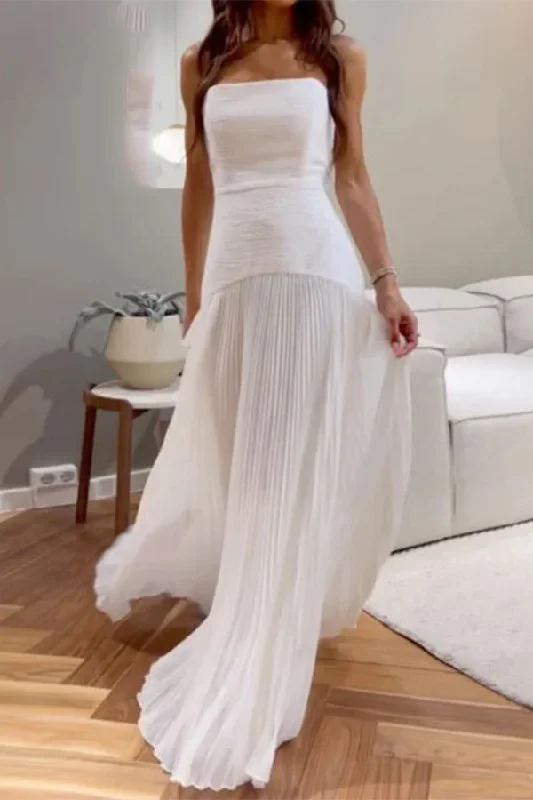 Solid Color Bandeau Elegant Pleated Maxi Dress Trendy Floral Print Maxi Dress