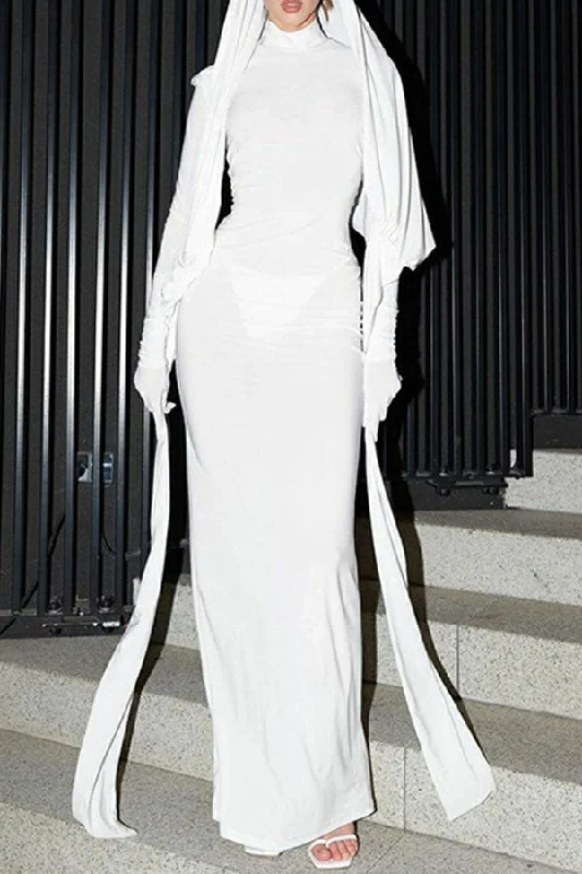 Solid Color Ethnic Slit Back Maxi Dress With Hooded Fashionable High-Low Maxi Dress