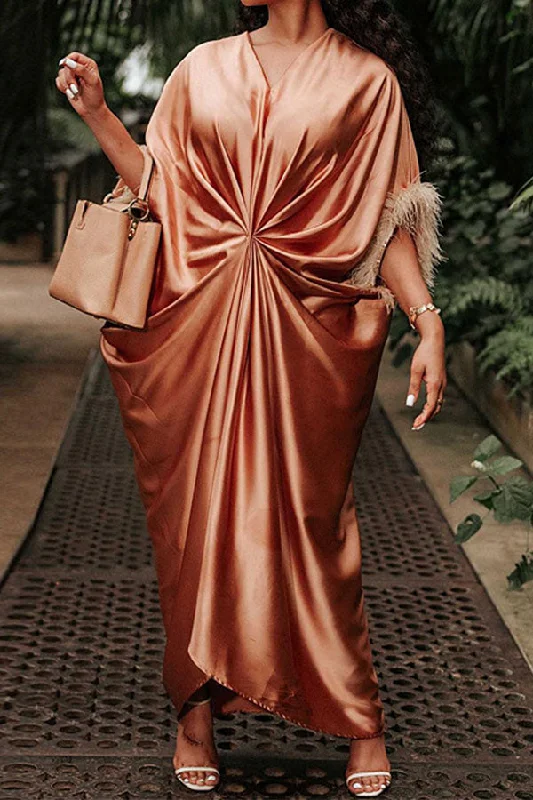 Solid Color Feather Trim Striking Draped Maxi Dress Trendy Off-Shoulder Ruffle Maxi Dress Solid Color Feather Trim Striking Draped Maxi Dress Trendy Off-Shoulder Ruffle Maxi Dress