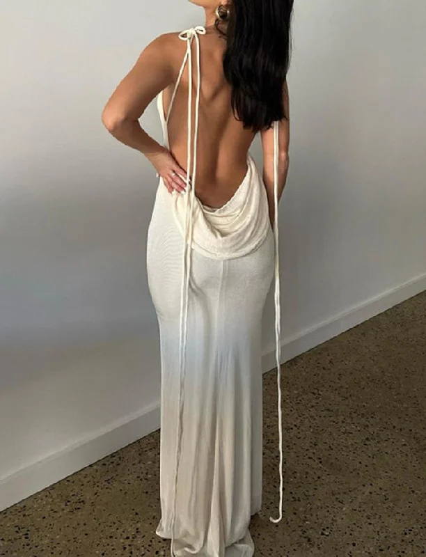 Solid Color Knot Shoulder Backless Maxi Dress Classic A-Line Maxi Dress