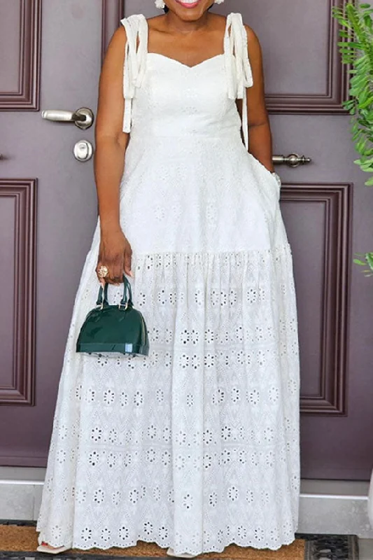 Solid Color Lace Cutout Urban Tie Shoulder Maxi Dress Elegant Maxi Dress with Drapes Solid Color Lace Cutout Urban Tie Shoulder Maxi Dress Elegant Maxi Dress with Drapes