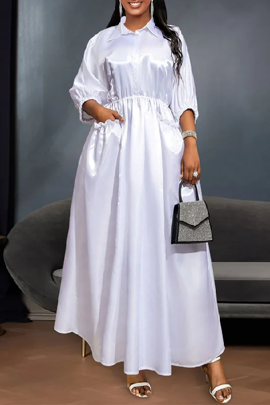 Solid Color Shirt Collar Modern A-Line Maxi Dress Elegant Maxi Dress with Slit