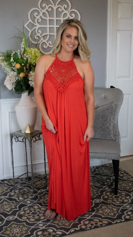 Hearts on Fire Crochet Halter Maxi Dress w/Double Slits- Tomato Trendy V-Neck Maxi Dress