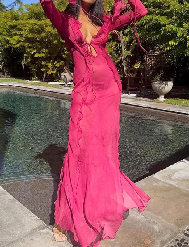 Split Thigh Ruffle Mesh Semi Sheer Summer Maxi Dress Fashionable Sleeveless Maxi Dress Split Thigh Ruffle Mesh Semi Sheer Summer Maxi Dress Fashionable Sleeveless Maxi Dress