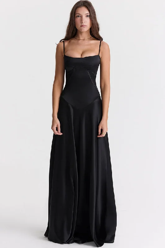 Square Neck Pintuck Trim Lace Up Back Satin Slip Maxi Dress - Black Elegant Sleeveless Maxi Dress Square Neck Pintuck Trim Lace Up Back Satin Slip Maxi Dress - Black Elegant Sleeveless Maxi Dress