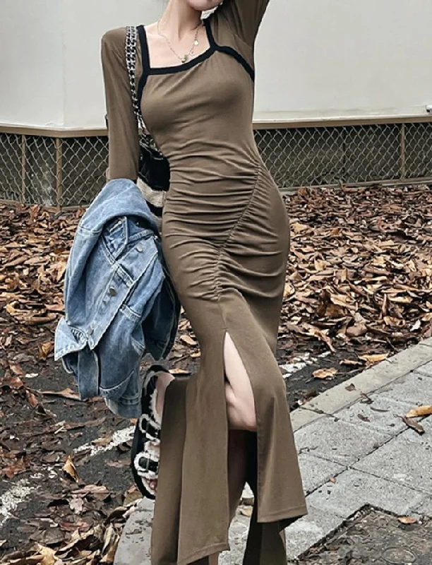 Square Neck Waist Slit Temperament Fishtail Maxi Dress Comfortable Maxi Dress with Belt Square Neck Waist Slit Temperament Fishtail Maxi Dress Comfortable Maxi Dress with Belt