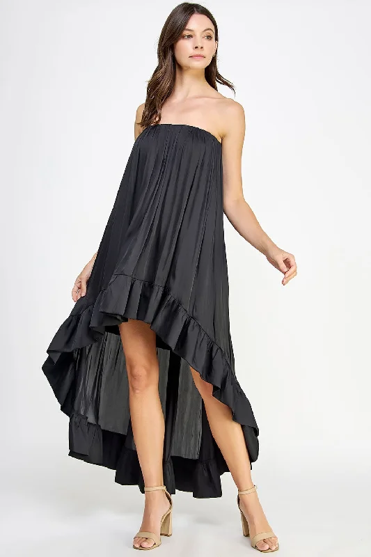 Strapless Shirred High-Low Maxi Dress Fashionable Maxi Dress with Fringe