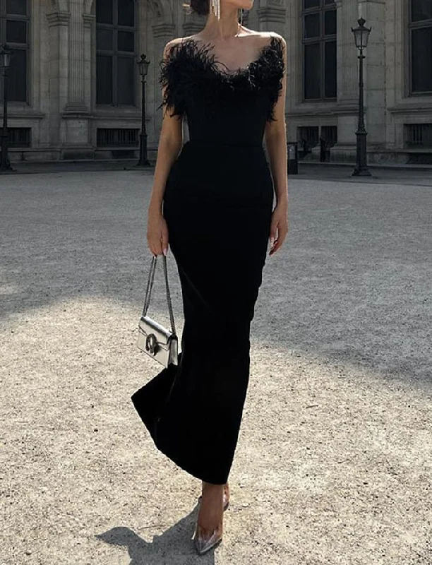 Strapless V-neck Furry Fishtail Maxi Dress Trendy Off-Shoulder Ruffle Maxi Dress
