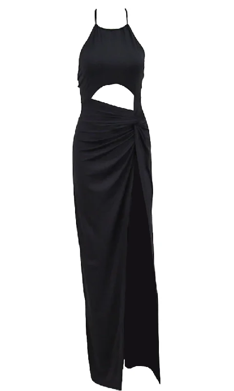 Sultry Attitude Black Sleeveless Spaghetti Strap Halter Cut Out Waist Twist Knot High Slit Maxi Dress Trendy Satin Maxi Dress Sultry Attitude Black Sleeveless Spaghetti Strap Halter Cut Out Waist Twist Knot High Slit Maxi Dress Trendy Satin Maxi Dress