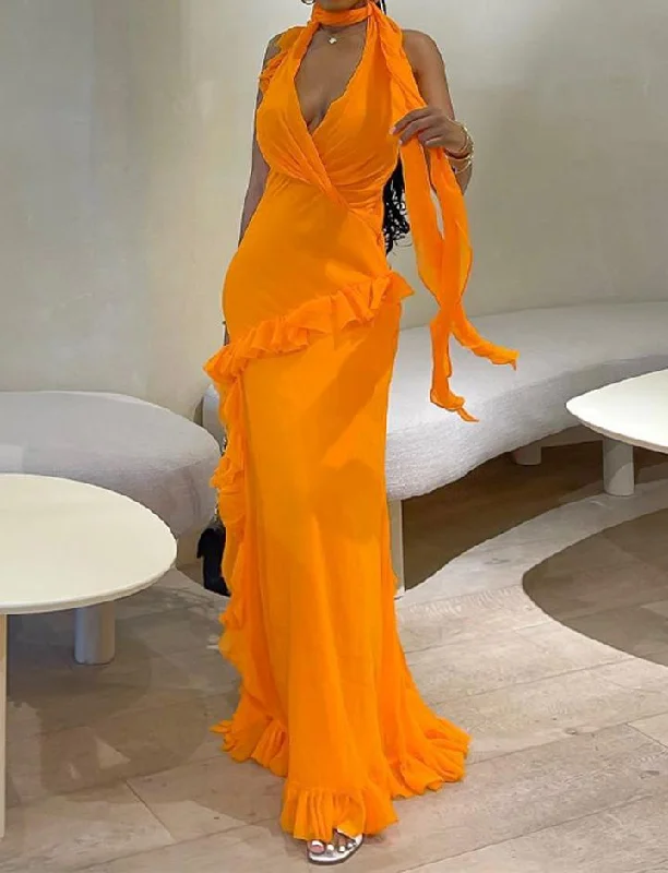 Summer Ruffle Decor Halter Neck Maxi Dress Stylish Boho Maxi Dress