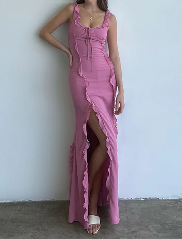 Summer Ruffle Split Thigh Prom Maxi Dress Comfortable Satin Maxi Dress