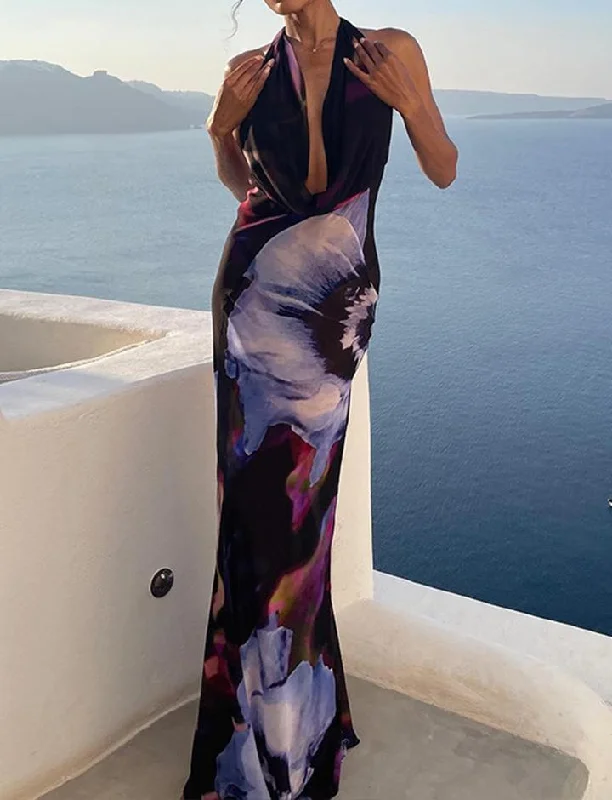 Summer Tie Dye Print Halter Neck Vacation   Maxi Dress Elegant Boho Maxi Dress