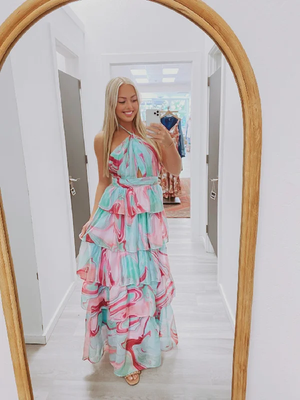 The Candy Swirl Green & Pink Tiered Maxi Dress Chic Summer Maxi Dress