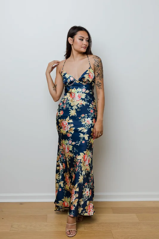 The Falling Fast Floral Satin Maxi Dress Classic V-Neck Maxi Dress