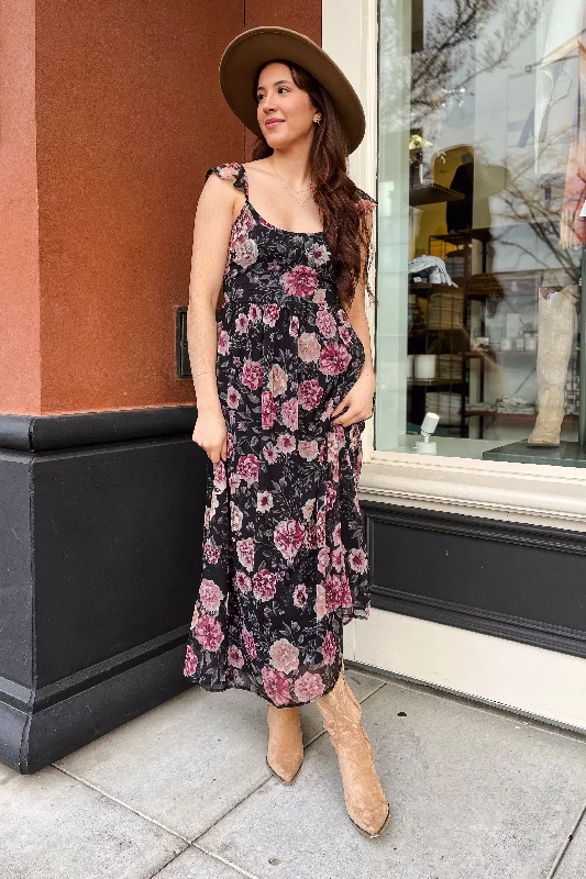 The Miss Me More Black Floral Print Maxi Dress Fashionable Faux Wrap Maxi Dress