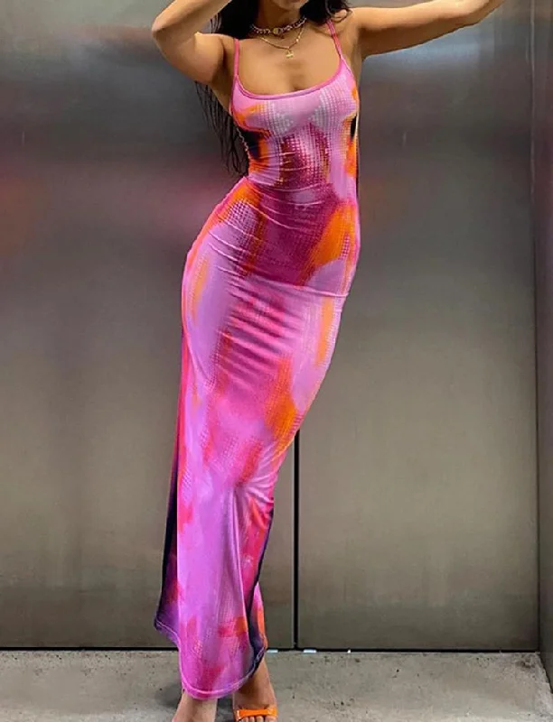 Tie Dye Print Bodycon Vacation Cami Maxi Dress Trendy Maxi Dress with Bow