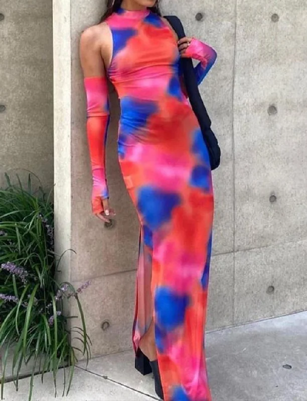Tie Dye Print Split Thigh Maxi Dress Stylish A-Line Maxi Dress