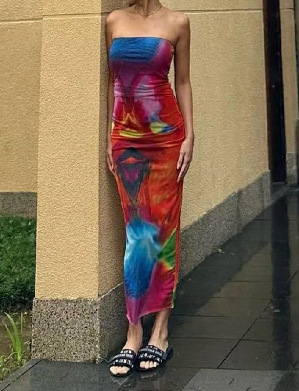 Tie Dye Print Strapless Bodycon Maxi Dress For Classic Black Maxi Dress