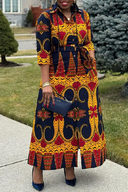 Tribal Print Casual Single Breasted Belted Maxi Dress Chic Button-Up Maxi Dress