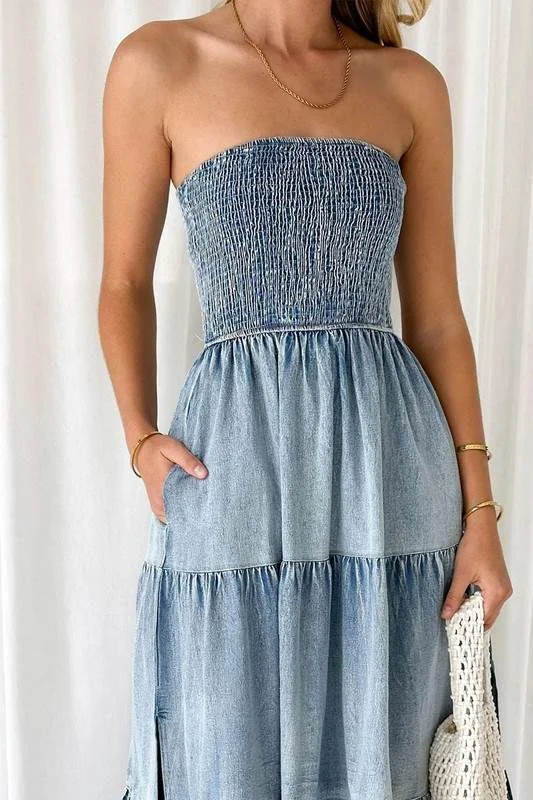 TUBE DENIM MAXI DRESS Comfortable Maxi Dress with Slits