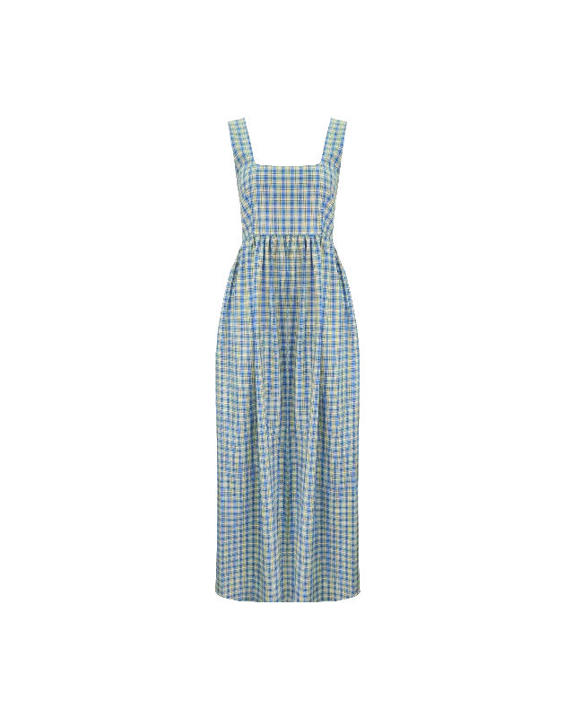 TULIP MAXI DRESS BLUE YELLOW CHECK Elegant Maxi Dress with Ruffles