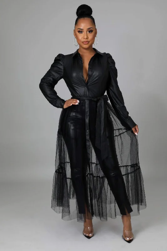 TULLE FAUX PU LEATHER MAXI DRESSES MESH TOPS BLOUSE Chic Sleeveless Maxi Dress