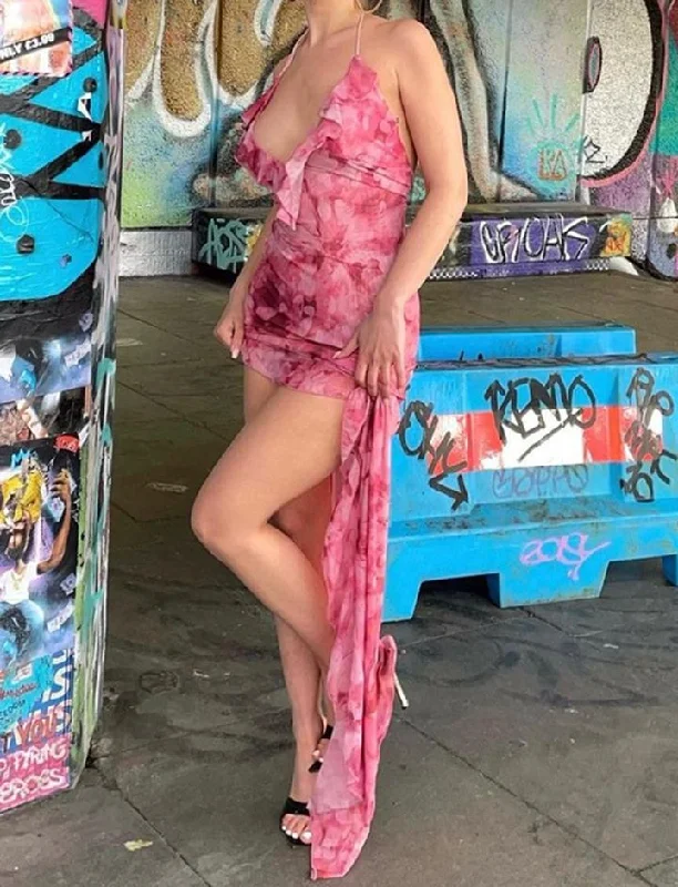 Vacation Tie Dye Print Halter Ruffle Irregular Maxi Dress Cozy Wrap Maxi Dress