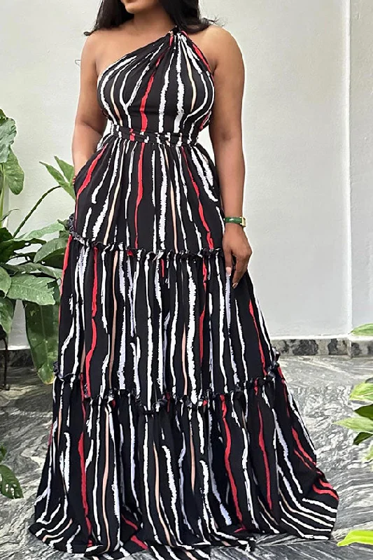 Vertical Striped Unusual One Shoulder Strappy Tiered Maxi Dress Elegant Maxi Dress with Ruffles Vertical Striped Unusual One Shoulder Strappy Tiered Maxi Dress Elegant Maxi Dress with Ruffles