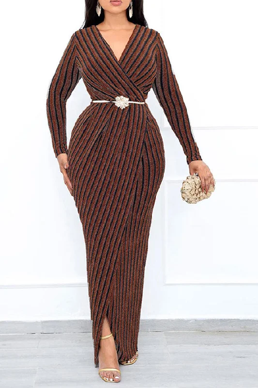 Vertical Striped V Neck Shimmery Belted Maxi Dress Comfortable Ruffle Maxi Dress