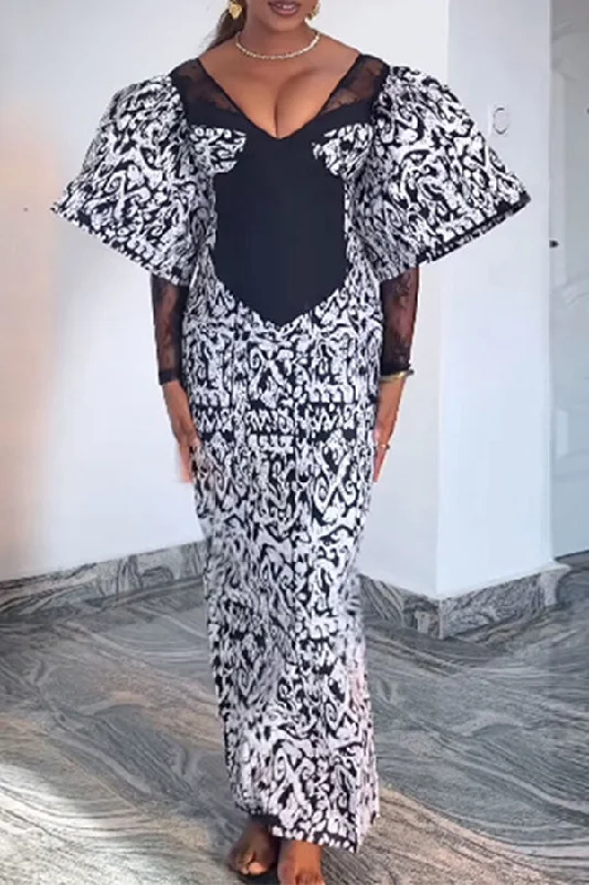 Vintage Abstract Print Dramatic Puff Sleeve Maxi Dress Chic Sleeveless Maxi Dress